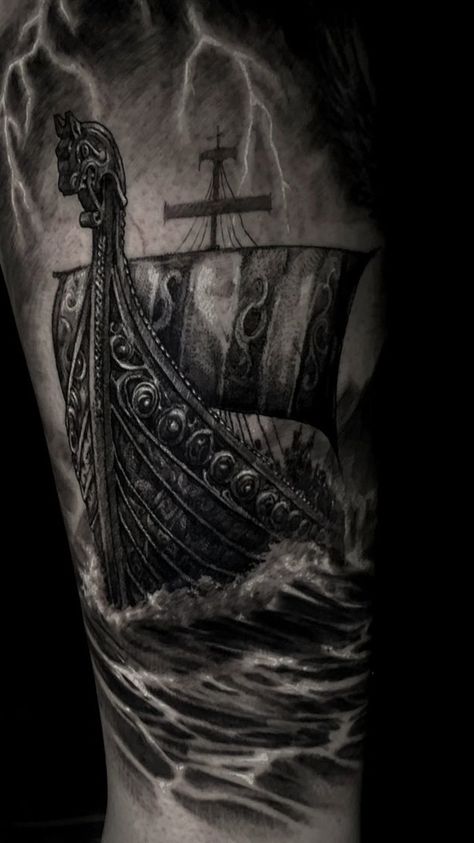 Viking Longboat Tattoo, Viking Ship Tattoo Design, Ax Tattoo, Viking Ship Tattoo, Alex Tattoo, Black Dragon Tattoo, Viking Warrior Tattoos, Norse Mythology Tattoo, Boat Tattoo