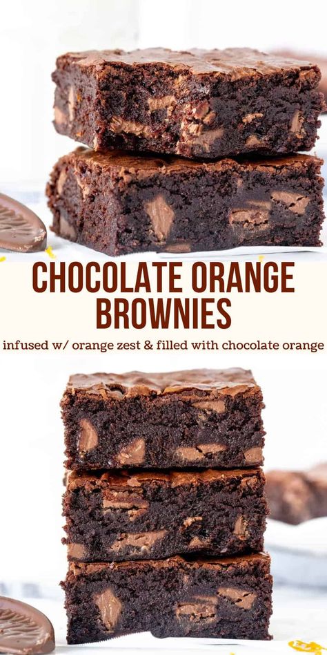 These chocolate orange brownies are thick and chewy with a delicious hint of citrus to complement the rich chocolate flavor. They're filled with chunks of Terry's chocolate orange - or your favorite orange chocolate - to really take them to the next level. #chocolateorange #brownies #orangechocolate #terryschocolateorange #fudgebrownies from Just So Tasty Chocolate Orange Brownies, Chocolate Orange Cookies, Orange Brownies, Brownie Desserts Recipes, Orange Dessert, Terry's Chocolate Orange, Dark Chocolate Brownies, Orange Chocolate, No Bake Bars