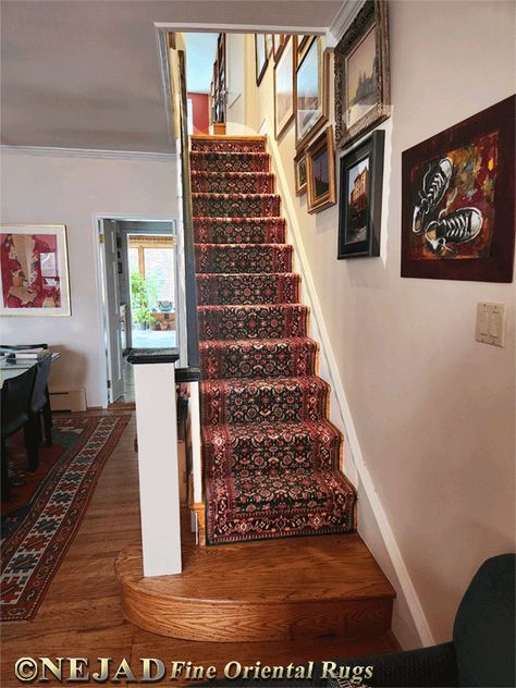 Persian Rug Runner Stairs, Rug Runner Stairs, Staircase Runners, Runner Stairs, Stair Runner Installation, Rug Stairs, Narrow Staircase, Persian Rug Runner, Staircase Runner