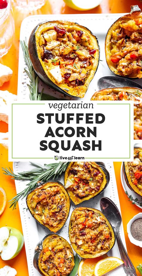 Need a vegetarian Thanksgiving main course? Fill up on unique and memorable Stuffed Acorn Squash made with wild rice, dried cranberries, granny smith apples, and loads of veggies! #vegetarian #thanksgiving #acornsquash #fall Stuffed Squash Recipes, Acorn Squash Recipes Healthy, Stuffed Acorn Squash Vegetarian, Spaghetti Squash Recipes Vegan, Gf Dinners, Spaghetti Squash Recipes Healthy, Squash Spaghetti, Stuffed Squash, Stuffed Acorn Squash