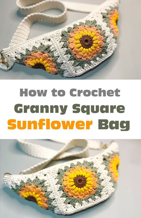 Granny Square Crossbody Bag Free Pattern, Sunflower Bag Crochet Pattern Free, Quick Market Crochet Items, Granny Square Belt Bag, Granny Square Fanny Pack Pattern, Crochet Purse Granny Square, Sunflower Crochet Projects, Granny Square Crochet Bags, Sunflower Granny Square Pattern Free