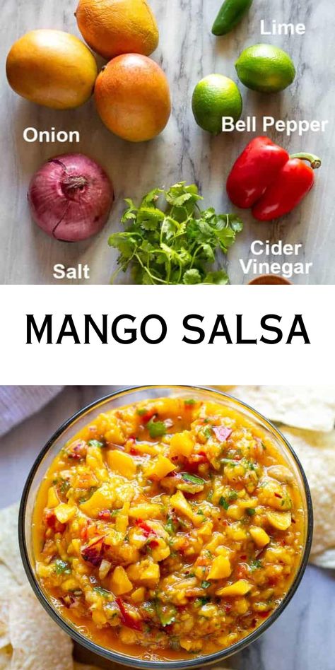 Add a burst of tropical flavors with our homemade Mango Salsa! Fresh mango chunks, crisp veggies, and zesty lime juice create a refreshing salsa that's perfect for chips, tacos, or grilled dishes. Save this pin to bring a taste of paradise to your next meal! Save Pin for Homemade Mango Salsa! :mango::hot_pepper::tomato::sparkles: Strawberry Mango Salsa, Salsa Easy, Mango Pineapple Salsa, Mango Salsa Recipe, Fresh Mango Salsa, Salsa Guacamole, Mango Salsa Recipes, Salsa Fresca, Spicy Salsa