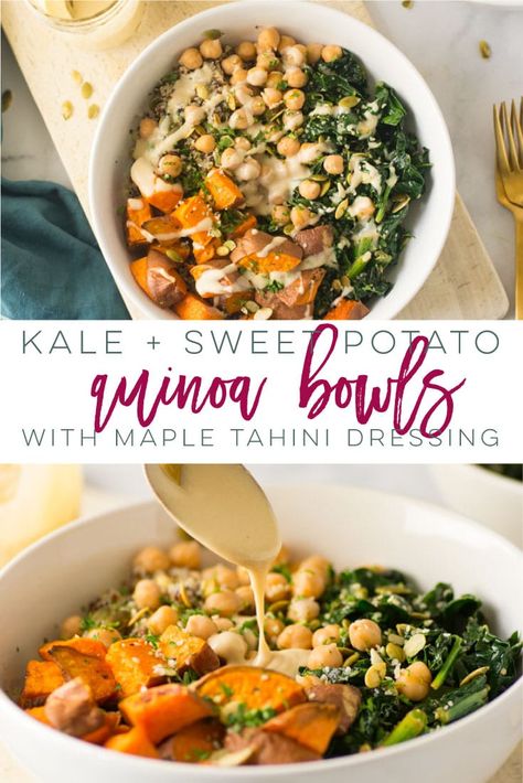 Crispy Sweet Potatoes, Maple Tahini Dressing, Fluffy Quinoa, Sweet Potato Quinoa, Garlic Kale, Quinoa Kale, Sweet Potato Bowls, Quinoa Bowls, Quinoa Sweet Potato