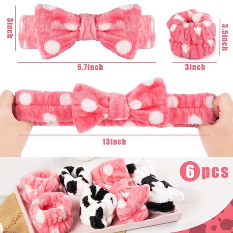 2 💞💞Different Styles - 1PC cow pattern makeup headband, paired with 2PCS wristbands, and 1PC pink polka dot makeup headband, paried with 2PCS wristbands, 6PCS in total. Strong Water Absorption - As shown in our promotion video, the coral fleece headbands and wristbands can efficiently absorb water and perspiration, which can keep your face and hands dry and cool while making up or working out. Spa Headband Diy, Makeup Headband, Hair Bands Diy, Spa Headband, Shower Skin Care, Headband Set, Diy Spa, Diy Headband, Bow Hair