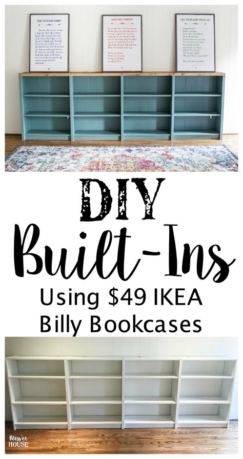 An easy to follow step-by-step tutorial showing how to build bookcase built-ins using IKEA Billy bookcases. #IKEAhack #homeimprovement #build #playroom Diy Built Ins, Billy Ikea, Billy Bookcases, Ikea Desk Hack, Diy Playroom, Kura Bed, Ikea Hack Ideas, Ikea Billy Bookcase, Ikea Furniture Hacks