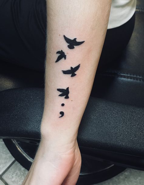 My beautiful semi colon tattoo ❤️🙏 Semi-colon Tattoo With Birds, 00 Tattoo, Semi Colon Tattoo, Colon Tattoo, Black Butterfly Tattoo, Body Tattoo Design, Spider Web Tattoo, Bird Tattoo Wrist, Semi Colon