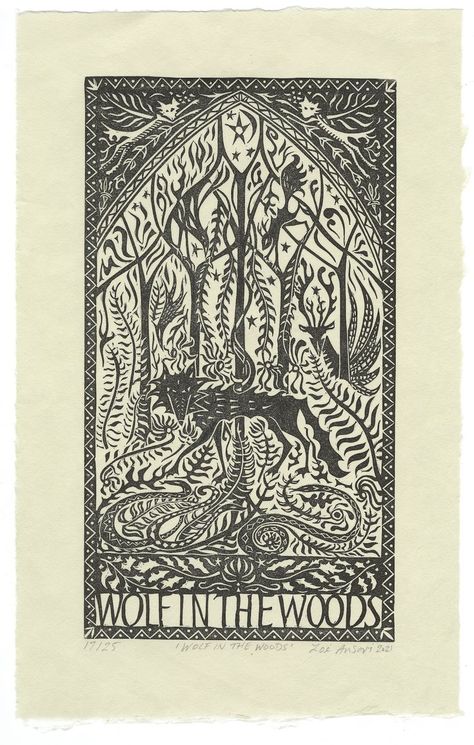 A black and white lino print of a Wolf in a stylised wood. There is a deer, birds and a squirrel in the background. It has a decorative border and lettering at the bottom which reads wolf in the woods. Wolf In The Woods, Folk Art Prints, Folk Print, Linocut Printmaking, Curious Creatures, Russian Folk, Washi Paper, A Wolf, Green Witch