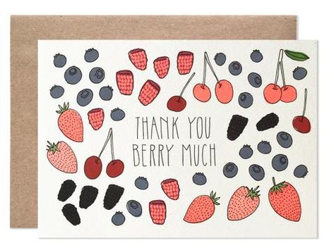 Thank You Berry Much Card Sayings, Blank Card, Card Illustration, Foil Stamping, Printed Envelopes, Hand Illustration, Kraft Envelopes, Handmade Artisan, Birthday Balloons