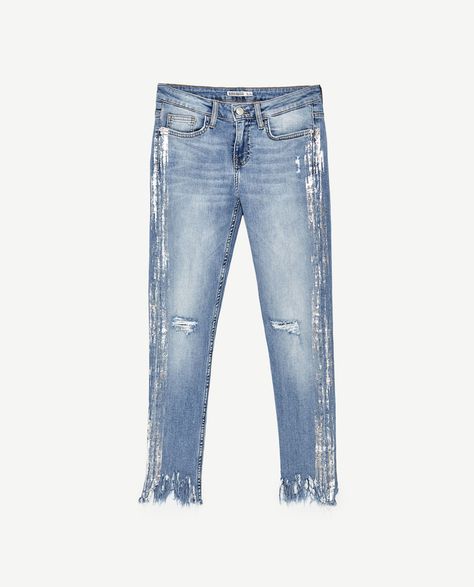 Image 11 of MID RISE SILVER-TONED JEANS from Zara Zara Gold Jeans, Metallic Jeans Zara, Zara Rhinestone Jeans, Zara Blue Cotton Jeans, Zara Ripped Denim Blue Jeans, Refashion Jeans, Mens Fashion Denim, Moda Jeans, Denim Wear