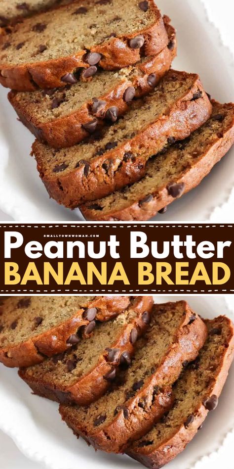 One of the brilliant ways to use overripe bananas! It's a simple breakfast idea that doubles as a delicious snack recipe. Moist with a delicious flavor combo, this easy peanut butter banana bread is amazing. Feel free to add chocolate chips, walnuts, or pecans to your quick bread! Banana Peanut Butter Chocolate Chip Bread, Banana Recipes 2 Bananas, Recipe With Overripe Bananas, Banana Bread Recipe With Peanut Butter, Banana Bread Two Bananas, Banana Peanut Butter Bread Recipe, Banana Bread Recipe Peanut Butter, Peanut Butter Banana Bread Recipe Easy, Peanut Butter Quick Bread