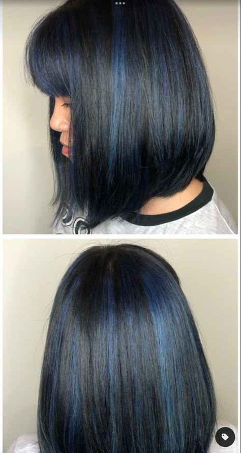 Blue Partial Highlights, Black Hair And Blue Highlights, Hair Blue Highlights For Dark Hair, Short Black Hair With Blue Highlights, Blue Highlighted Hair, Short Hair With Colored Tips, Short Blue Hair Styles, Blue Streaks In Brown Hair Short, Black And Blue Highlights Hair