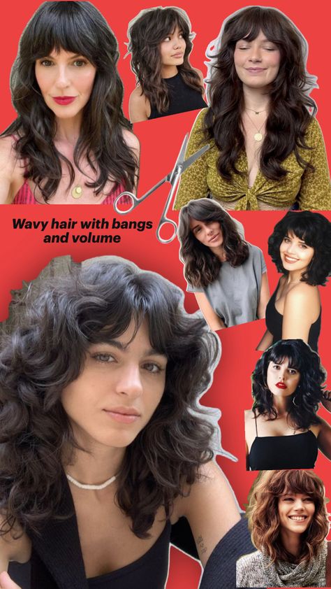 Inspiration for wavy hair with volume and bangs Waves Hair With Bangs, Wavy Hair With Volume, Layered Wavy Hair With Bangs, Wavy Hair With Layers, Hairstyles Dyed Hair, Type 2 Hair, Hairstyles Dyed, Hair With Volume, Make Ip