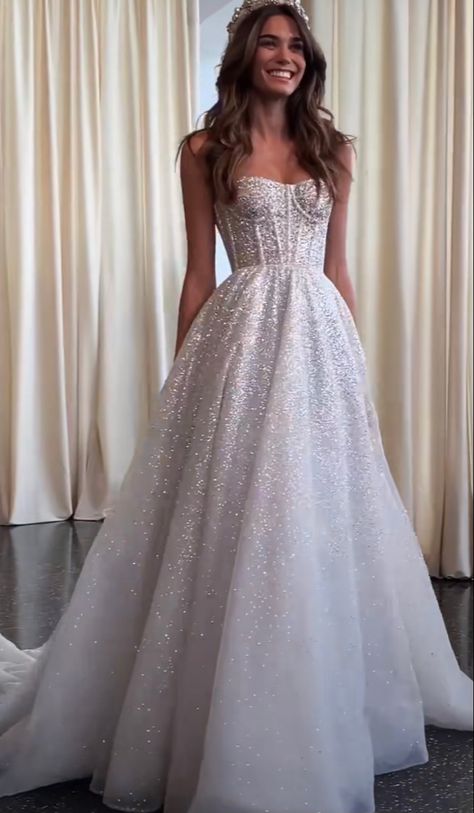 Sweet 16 Silver Dress, White Sparkly Wedding Dress, White Sweet 16 Dresses, Xv Dresses, White Corset Dress, Prom Dress Inspo, White Ball Gowns, Sparkly Wedding Dress, Classy Prom Dresses