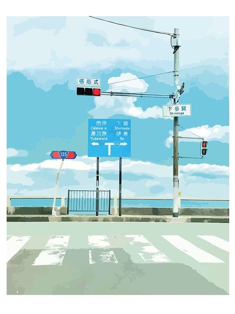 City Street Illustration, Japan Street Drawing, Crosswalk Illustration, Japanese Streets Drawing, Japan Street Illustration, Tokyo Streets Drawing, Japan Crosswalk, Japanese City Pop Aesthetic, Summer Japan