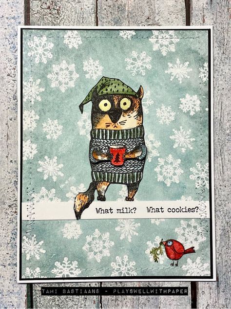 Plays Well With Paper: STAMPtember 2020 - Christmas Snarky Cats Tim Holtz Snarky Cats Christmas, Crazy Cats Cards, Cat Christmas Cards, Crazy Birds, Cats Christmas, Tim Holtz Stamps, Tim Holtz Cards, Cat Stamp, Skipper Doll