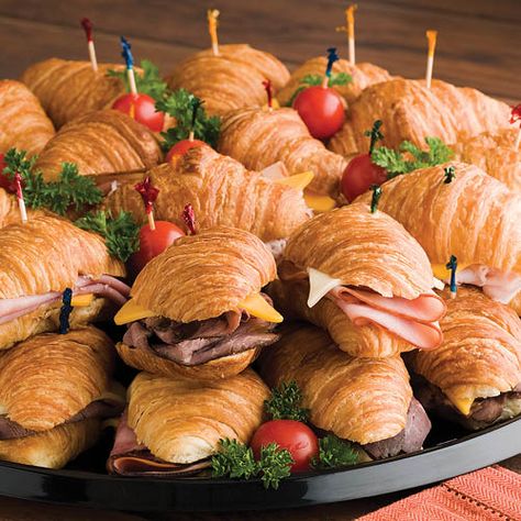 snack-size, mini croissants. Deli Tray, Sandwich Platter, Croissant Sandwich, Smoked Turkey Breast, Food Platter, Mini Croissants, Christmas Platter, Party Sandwiches, Sandwich Trays