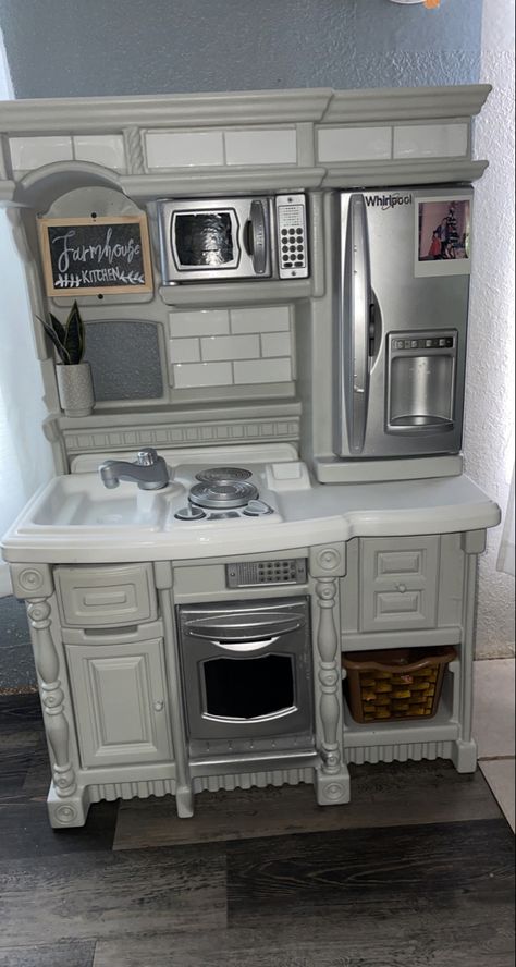 Plastic Toy Kitchen Makeover, Plastic Kitchen Makeover Kids, Step 2 Kitchen Makeover, Plastic Play Kitchen Makeover, Redo Playhouse, Playroom Refresh, Playset Makeover, Little Tikes Makeover, Play Town