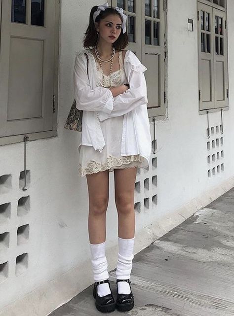 white oxford long soeeve with white lace slip dress Slip Dress Outfit, White Slip Dress, Knit Leg Warmers, White Slip, Jane Shoes, Mode Inspo, Mary Jane Shoes, Dream Clothes, Fashion Killa