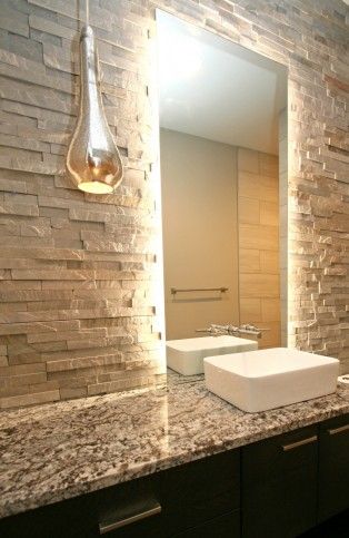 Stacked Stone Bathroom, Stone Tile Bathroom Wall, Bathroom Stone Wall, Powder Room Accent Wall, Stone Shower Floor, Salon Bathroom, Stone Tile Bathroom, Master Remodel, Powder Room Lighting