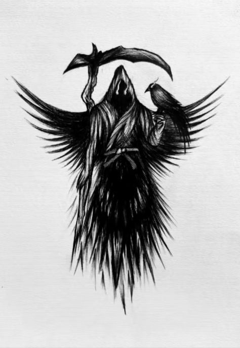 Reaper Drawing, Minimalistic Tattoo, Dragon Tattoo Art, Grim Reaper Tattoo, Reaper Tattoo, Armband Tattoos, Scary Tattoos, Raven Tattoo, Ange Demon