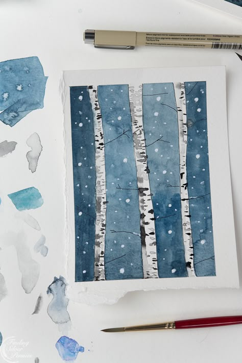 How to paint watercolor birch trees - Finding Silver Pennies Paint Birch Trees, Watercolor Birch Trees, Painting Birch Trees, Watercolor Christmas Cards Diy, Beginner Watercolor, Fun Watercolor, Tree Watercolor Painting, Birch Tree Art, Watercolor Supplies