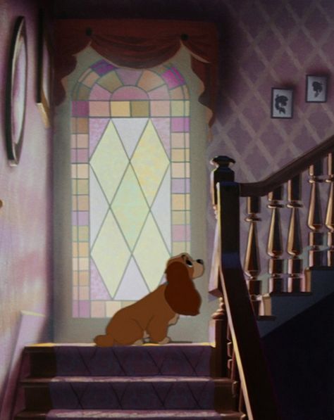 Lady & the Tramp, Lady on the stairs. Reminds me of my dog just sitting and waiting Lady And The Tramp House, Lady And The Tramp Nursery, Lady And The Tramp Aesthetic, Lady Disney, The Lady And The Tramp, Disney Core, Old Disney Movies, Lady Dog, Lady Lady