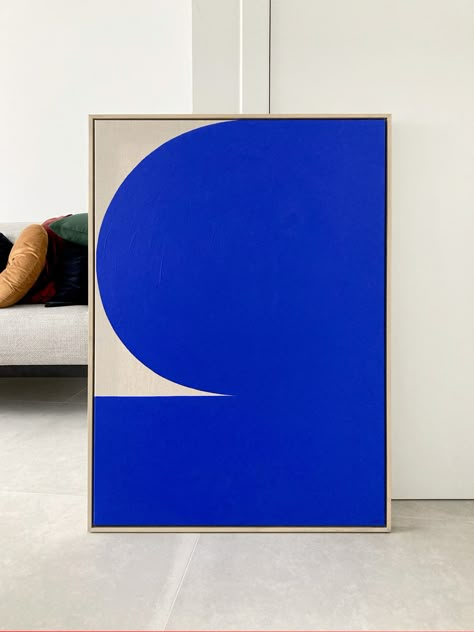 Title / ENTER #82 Artwork / Acrylic on linen canvas 70 x 100 cm Cobalt blue Naturel wooden frame Acrylic Painting Neutral Colors, Artwork Acrylic, Blue Abstract Painting, Linen Canvas, Klein Blue, Flat Color, Blue Art, Blue Abstract, Minimalist Art