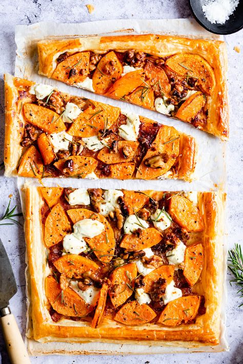 Super easy recipe for butternut squash & goats' cheese tart with rosemary and walnuts from Anna Banana Co. This savoury tart served with side salad will make a perfect midweek dinner! #vegetarian #easyrecipe Recipe For Butternut Squash, Savoury Tart, Savory Butternut Squash, Butternut Recipes, Goat Cheese Tart, Cheese Tart, Goat Cheese Recipes, Anna Banana, Goats Cheese