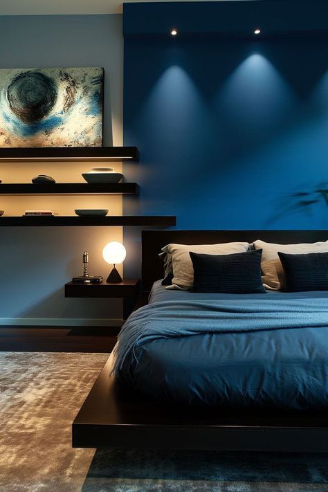 Small Hotel Bedroom, Room Color Ideas For Men, Ideas Cuarto Hombre, Modern Bedroom Design For Women, New York Bedroom Ideas, Luxury Blue Bedroom, Blue Bedroom Ideas For Men, Bedroom Decor Western, Walking Nyc