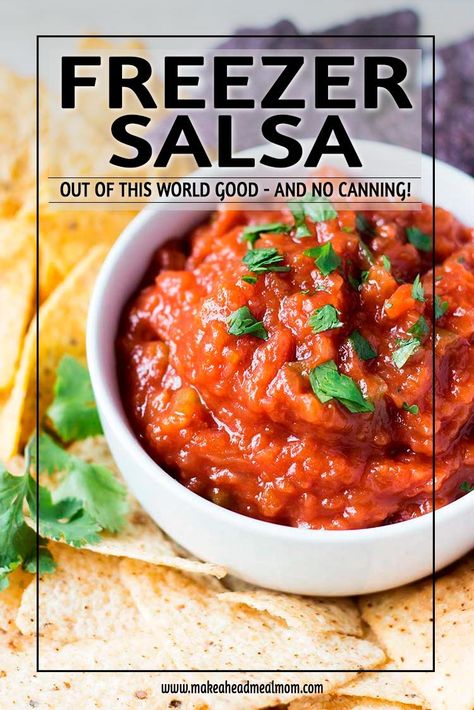 Not into canning?  That's okay!  You can make this AMAZING homemade salsa and there is NO canning involved!  Store in your freezer - yes, your freezer!  This freezer salsa is simply amazing!  You will never believe how easy it is to whip up!  #freezerfriendly #freezer #freezersalsa #salsa #makeahead #makeaheadmealmom #makeyourown Freezer Salsa Recipe, Freezer Salsa, Freeze Salsa, Best Freezer Meals, Fresh Salsa Recipe, Canning Salsa, Fresh Tomato Recipes, Fresh Tomato Salsa, Fresh Salsa