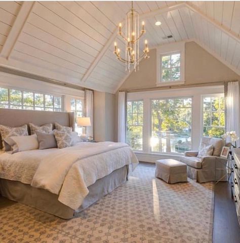 light and bright master bedroom, vaulted ceiling Vaulted Ceiling Bedroom, Vaulted Ceiling Ideas, Vaulted Ceiling Living Room, Bedroom Addition, Home Addition, Bedroom Ceiling, Home Additions, Master Bedrooms Decor, Vaulted Ceiling