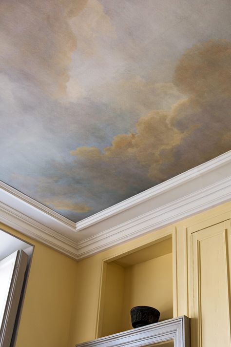 Forest Ceiling Mural, Wallpaper Inside Wall Moulding, Cloud Wallpaper Ceiling Bedroom, Modern Versailles Decor, Sky Wallpaper Ceiling, Cloud Mural Ceiling, Painted Vaulted Ceiling Bedroom, Wall Murals Aesthetic, Nursery With Mural