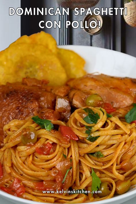 Indulge in the savory fusion of Dominican and Italian flavors with our mouthwatering Dominican Chicken Pasta recipe. Tender chicken thighs, al dente spaghetti, and crispy Tostones – all in one irresistible dish. Dominican Chicken Recipes, Dominican Spaghetti Recipes, Chicken Tostones, Dominican Chicken, Dominican Spaghetti, Chicken Spaghetti Recipes, Texture Contrast, Dominican Food, Chicken Spaghetti