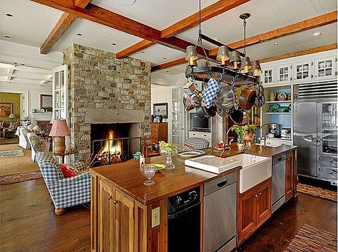 kitchens with fireplaces in them | This is an actual question I received from one of my first-time home ... Rustic Italian Home Decor, Kitchen With Stone, Hamptons Style House, Kitchen Keeping Room, Rustic Italian Decor, Kitchen With Fireplace, Rustic Italian Home, Hamptons Style Home, Rustic Italian