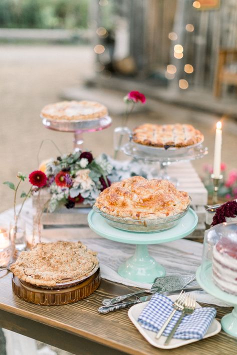 Elegant pie table for a romantic wedding at The Hideout Kirkwood Wedding Serving Table, Pie Bar At Wedding, Wedding Cookies Table, Wedding Pie Display, Pie Table, Cake And Dessert Table Wedding, Pie Wedding, Wedding Pie Bar, Pie Table Wedding