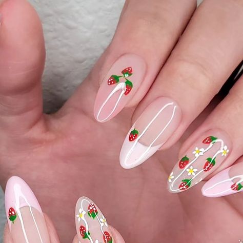 Hoang Thi T Le on Instagram: "It's strawberry season 😚 @apresnailofficial medium almond #strawberrynails #frenchnails #nailsdesign" Almond Nails Designs Strawberry, Strawberry Nail Art Acrylic, Strawberry Nails Acrylic Almond, Almond Strawberry Nails, Strawberry French Tip Nails, Strawberry Almond Nails, Strawberry Acrylic Nails, Cute Strawberry Nails, Strawberry Nails Acrylic