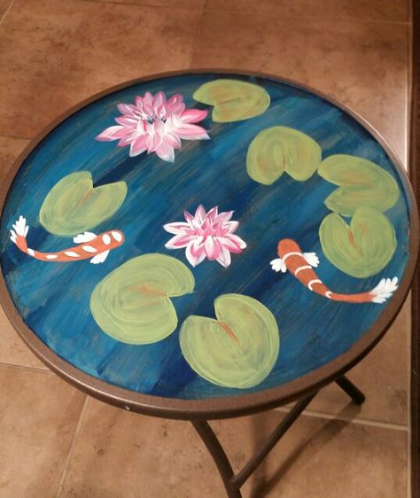 Koi pond table for lanai Koi Pond Painting, Pond Table, Pond Painting, Boho Interior Design, Painted Coffee Tables, Eclectic Interior Design, Painted Chairs, Koi Pond, Eclectic Interior