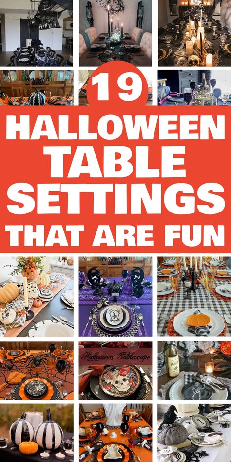 19 creative and fun Halloween table setting ideas with spooky decorations including pumpkins, candles, and skeletons. Gothic Table, Halloween Table Settings, Halloween Party Table, Halloween Placemats, Halloween Symbols, Halloween Tablescape, Halloween Centerpiece, Halloween Table Decorations, Elegant Halloween