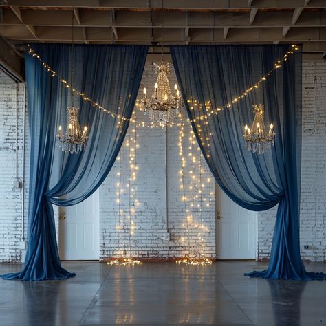 Navy Blue And White Event Decor, Navy Blue Table Centerpieces, Starry Night Photo Backdrop, Celestial Graduation Party, Celestial Wedding Backdrop, Navy Blue Event Decor, Whimsical Celestial Wedding, Dark Blue Decorations Party, Wedding Ideas Blue And Gold