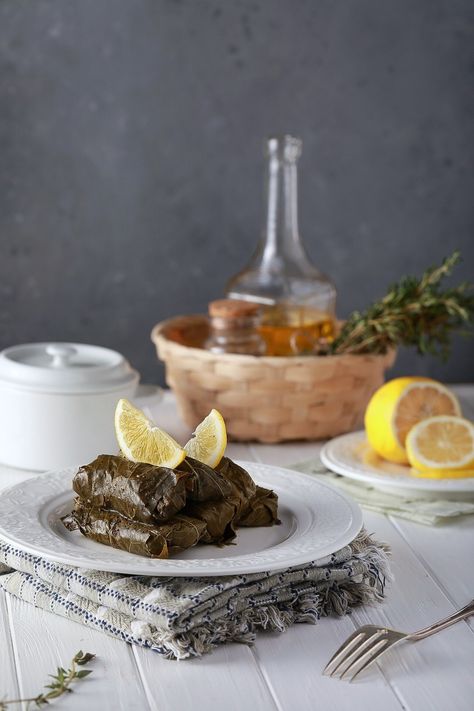 Grape Leaves Photography, Oil Photography, Modern Georgian, Grape Painting, Food Plating Techniques, Rice Wraps, Turkish Restaurant, Stuffed Grape Leaves, Food Painting