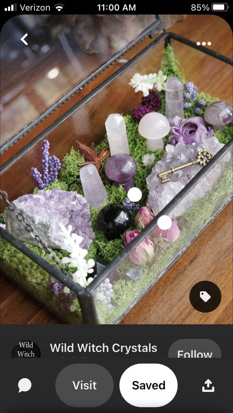 Crystal Mushroom Terrarium, Crystal Garden Terrarium Diy, Terrarium Ideas Crystals, Crystal Terrarium Diy Fairies Garden, Crystal Garden Diy, Crystal Projects Diy, Diy Crystal Display, Crystal Terrarium Ideas, Crystal Display Ideas Bedroom