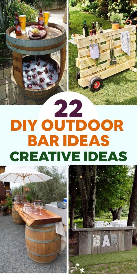 Elevate your outdoor entertaining game with these chic DIY bar concepts! For a rustic vibe, repurpose a wooden pallet by sanding, staining, and adding a countertop with hooks/shelves for storage. Or opt for a sturdy cinder block and wooden plank setup - paint or stain to match your decor. Feeling creative? Transform an old dresser into a charming outdoor bar by removing drawers, adding a countertop, and customizing the color. Dresser Bar Diy, Outdoor Bar Lighting Ideas, Diy Outdoor Bar Ideas, Diy Bar Ideas, Rustic Outdoor Bar, Tiki Bars Diy, Fruit Fly Trap Diy, Outdoor Bar Ideas, Wine Barrel Bar