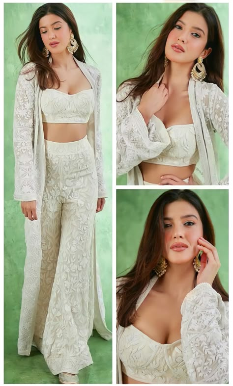 White Outfits Indian, Off White Traditional Outfit, Chikankari Dress Ideas, 3 Piece Traditional Wear, Off White Dress Outfit Indian, Mendhi Night Outfit Guest, 3 Piece Indian Outfit, Co Ord Sets Pants Indian Wedding, Two Piece Outfits Traditional