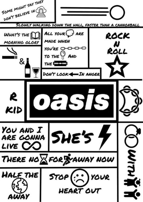 Brit Pop Poster, Brit Pop Tattoo, Oasis Drawing Band, Britpop Tattoo Ideas, The Verve Tattoo, Oasis Lyrics Tattoo, Liam Gallagher Tattoo Ideas, Oasis Tatoos, Oasis Lyrics Aesthetic