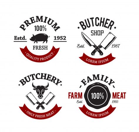 Paquet de badges de boucherie vintage Vecteur gratuit Butchery Logo, Pizza Logo, Meat Shop, Butcher Shop, Creative Advertising, Pencil Illustration, Paint Markers, Logo Ideas, Business Card Logo