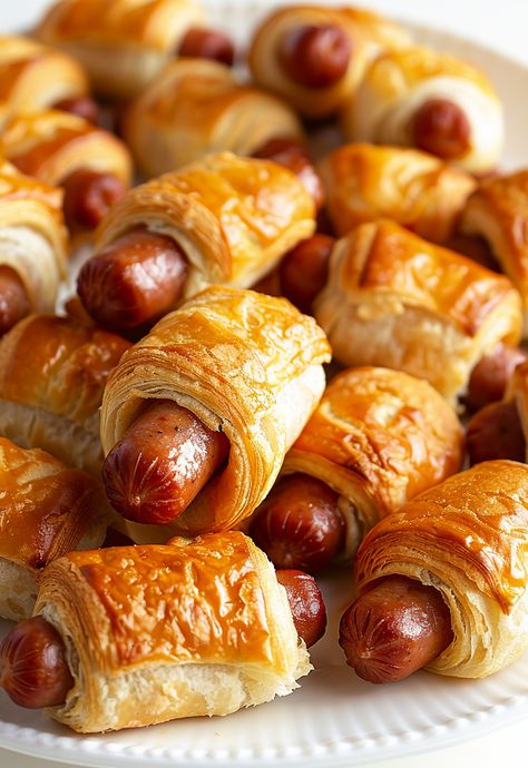 Perfect for parties, these simple sausage rolls are made with puff pastry and sausagemeat. Quick, easy, and so tasty! Mini Puff Pastry, Lil Twist, Homemade Sausage Rolls, Sausage Wrap, Homemade Tzatziki Sauce, Dog Wrap, Hot Dog Recipes, Phyllo Dough