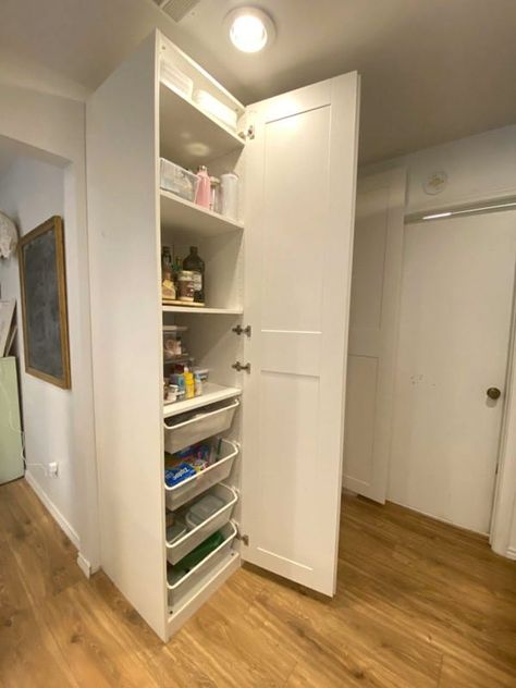 Ikea Pantry Storage, Pantry Cabinet Ikea, Ikea Kitchen Pantry, Ikea Pantry Organization, Diy Pantry Cabinet, Pantry Hacks, Cement Countertops, Pantry Organization Hacks, Ikea Pantry