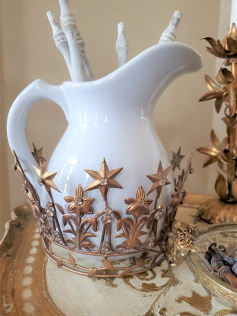 Psst I Love Decorative Crowns In Home Decor - Cloches & Lavender See how I add decorative crowns to our home Decorating With Crowns, Crown Decor, Pink Crown, Metal Bucket, Rhinestone Crown, Battery Operated Candles, Antique Farmhouse, French Country, Bird Feeders