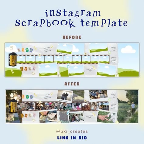 template linked ^^ Instagram Scrapbook Template, Scrapbook Templates Printable, Ig Scrapbook, Scrapbook 2024, Ig Carousel, Collage Scrapbook Layouts, Instagram Scrapbook, Carousel Template, Scrapbook Template