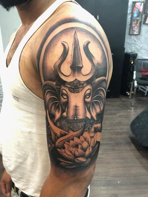 Ganesha Tattoo Design For Men, Lord Ganesha Tattoo Design, Ganesh Tattoo Design, Lord Ganesha Tattoo, Ganesha Tattoo Design, Om Tattoos, Half Sleeve Tattoo Stencils, Mom Dad Tattoo Designs, Ganesh Tattoo